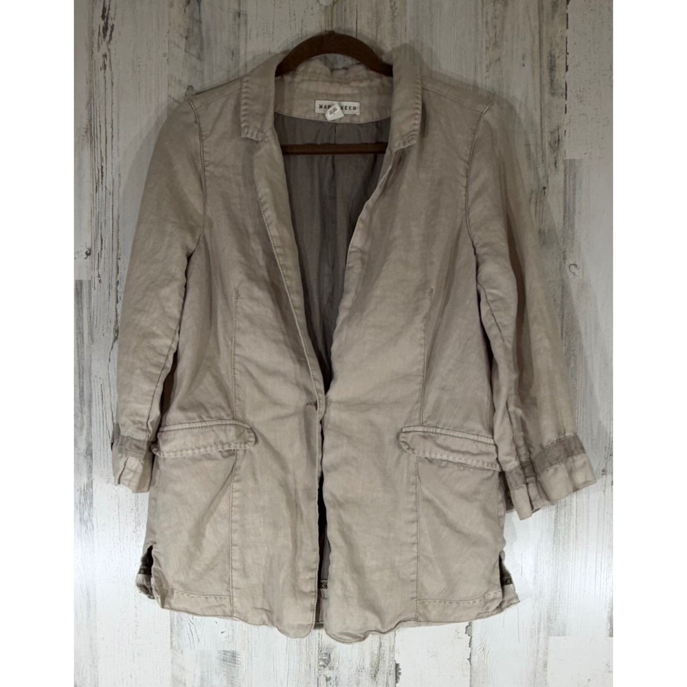 Marrakech Linen Utility Blazer Jacket Large Tan 3/4 Sleeve Single Button Lined